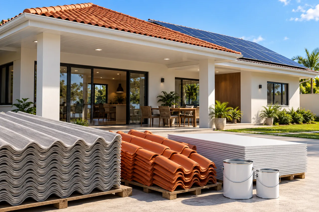 Imagem ilustrativa de casa com telhas, painéis solares e materiais de acabamento
